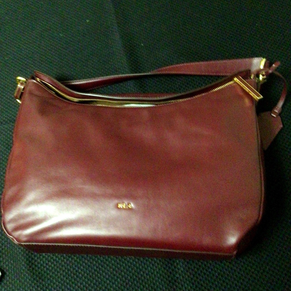 Lauren Ralph Lauren Burgundy Leather Hobo Bag with Gold Hardware